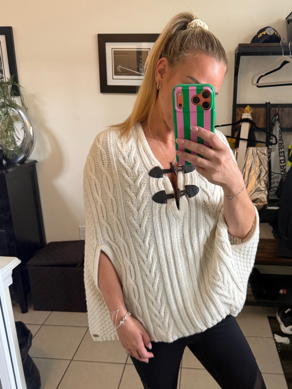 Roots Cream Cable-Knit Poncho with Toggle Closures